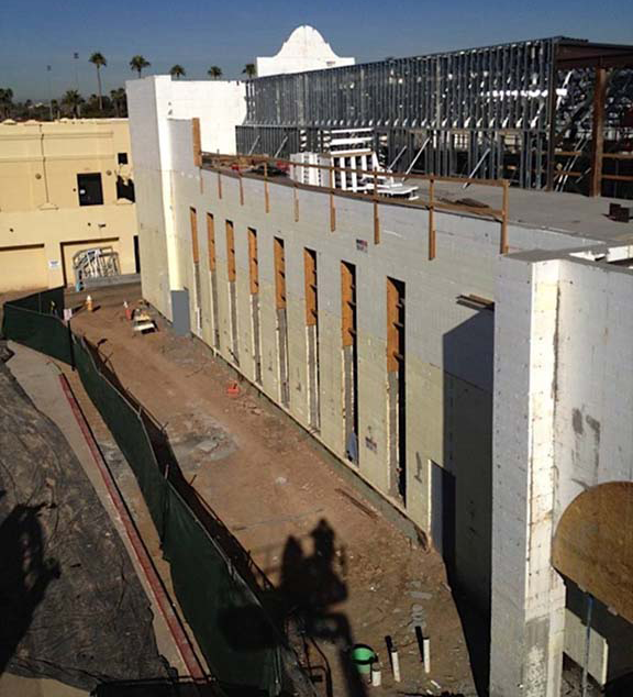 Finished installation of insulated concrete forms (ICF blocks) for a new church building, showcasing an energy-efficient and durable foundation.